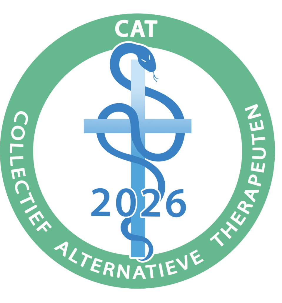 Circular green emblem with 'CAT' at the top and 'ALTERNATIVE THERAPIES' around the ring; a blue caduceus-like staff entwined with a cross and '2026' below.
